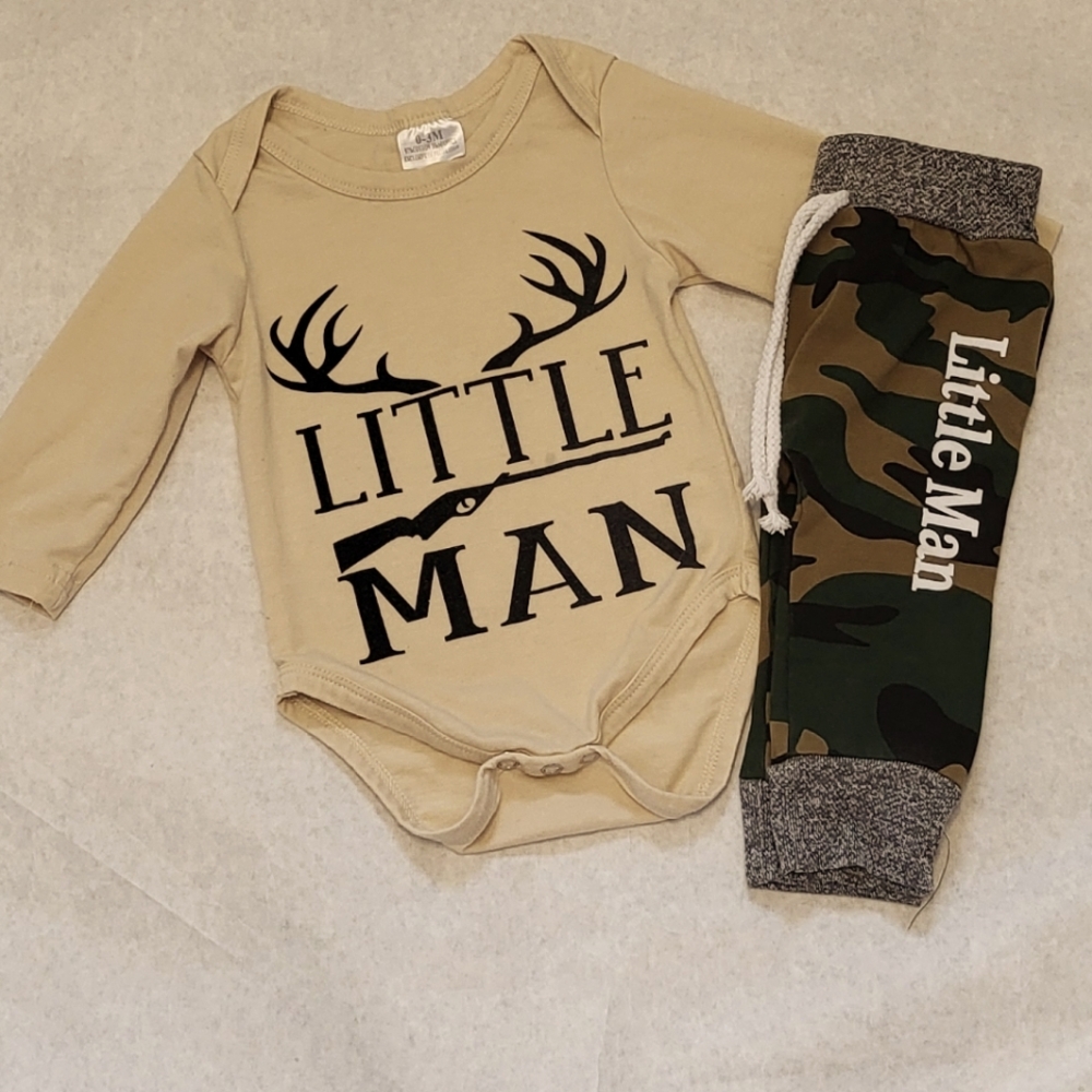"Little Man" Onesie/bodysuit with camo joggers